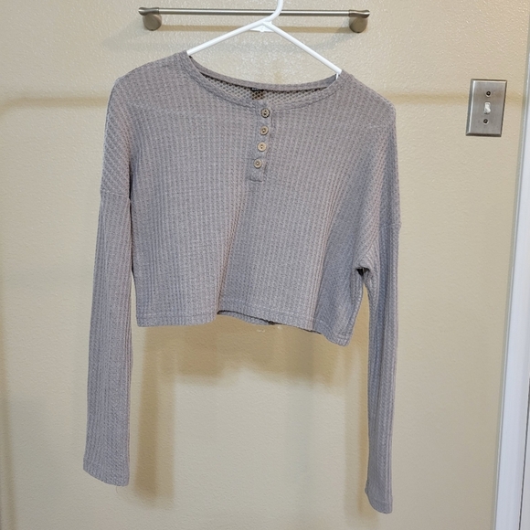 SHEIN Essnce Light Gray Button Half Placket Waffle Knit Tee Size XS - Picture 1 of 5